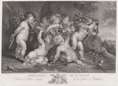 Syv putti med en krans af frugt, ca. 1780-87. af Heinrich Schmitz