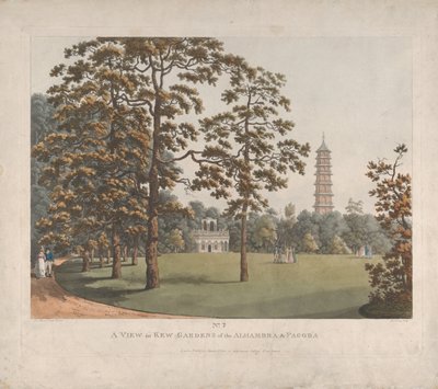 En udsigt i Kew Gardens af Alhambra og pagoden, 1813. af Heinrich Schutz