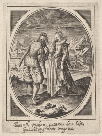 En mand træder hen til en kvinde, der holder en bæger for munden, en vandmølle og bjerg..., ca. 1585-1621. af Heinrich Ulrich