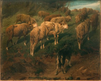Får med sort hund af Heinrich von Zügel
