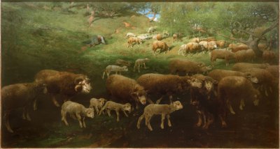 Flok får med lam af Heinrich von Zügel