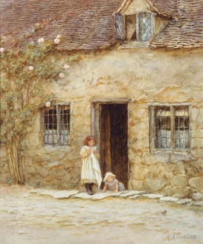 Ved hyttedøren (akvarel med udskrabning) af Helen Allingham