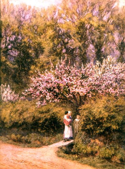 By the Cottage Gate - Blossom Time (akvarel på papir) af Helen Allingham