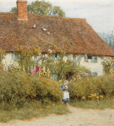 Sommerhus i West Horsley, Surrey (akvarel med ridser ud) af Helen Allingham