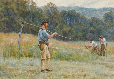 Cutting Hay in the Surrey Hills (wc på papir) af Helen Allingham