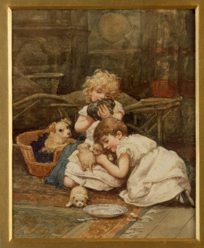H.Allingham, De nye kæledyr / Aquarell af Helen Allingham
