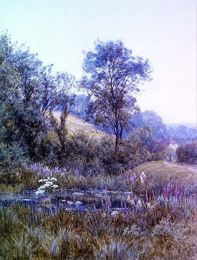 Plukker blomster ved dammen af Helen Allingham