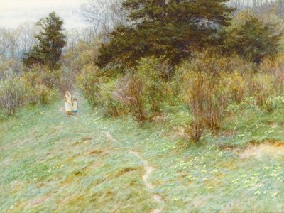 Primroses on a Surrey Heath (wc på papir) af Helen Allingham