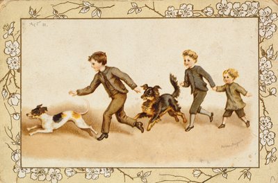 Lykønskningskort, der viser børn, der leger med deres hunde af Helena J. Maguire