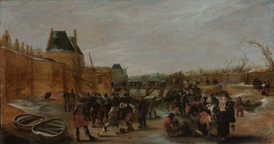 Boller på en frossen kanal i en by af Hendrick Avercamp (copy after)
