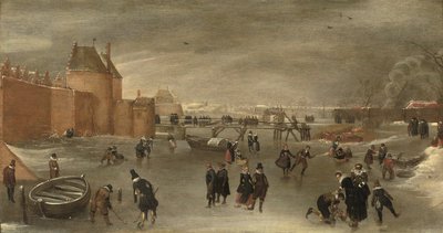 Skatere, kolfspillere og slæder på en frossen flod nær St. Janspoort byport, med Kruispoort i baggrunden og den lyserøde mølle bagved, Haarlem (olie på panel) af Hendrick Avercamp (studio of)