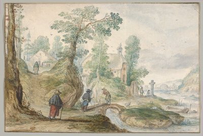 Skovklædt flodlandskab med en kirke og figurer af Hendrick Avercamp