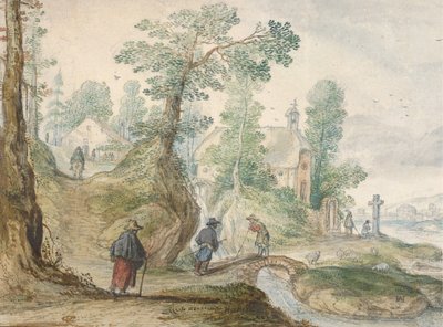 Et skovklædt flodlandskab med en kirke og figurer, ca. 1613. af Hendrick Avercamp