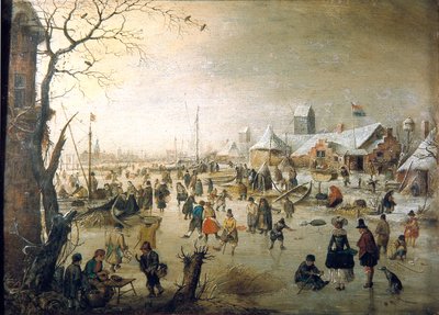 Hollandsk: Vinterlandskab med skøjteløbere En scene på isen af Hendrick Avercamp