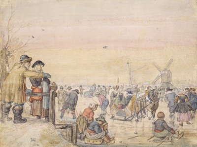 Enjoying the Ice, 1630 (pen og wc på papir) af Hendrick Avercamp