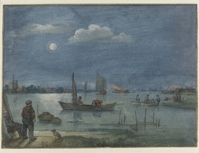 Månebelyst flodlandskab med fiskere af Hendrick Avercamp