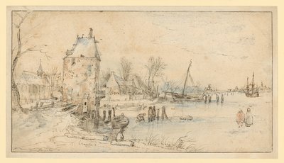 Landsby med vagttårn og kirke ved søbredden af Hendrick Avercamp