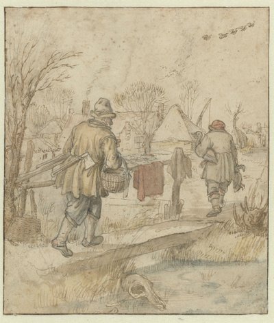 Andejægernes tilbagevenden / verso: Skitser af skibe og af en mand i vintertøj af Hendrick Avercamp