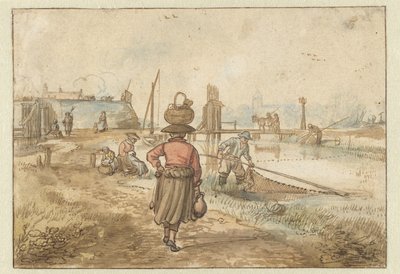Flodlandskab med en kvinde, der bærer en kurv på hovedet, fiskere og andre figurer nær murene i en by af Hendrick Avercamp