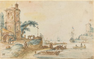 Scene med et tårn til venstre af Hendrick Avercamp