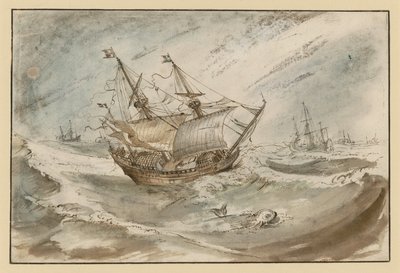Stormfuldt hav med stort sejlskib af Hendrick Avercamp