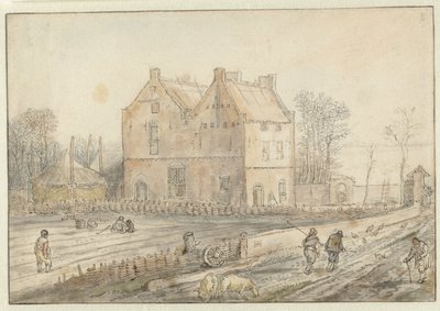 Udsigt over et landsted med såmænd på marken af Hendrick Avercamp