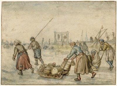 Vinterlandskab med to kvinder og en slæde og andre skikkelser på isen, en galge i det fjerne af Hendrick Avercamp