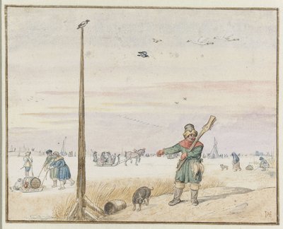 Vinterlandskab med en andejæger med vildt i bæltet og pistolen over skulderen på bredden af en frossen flod af Hendrick Avercamp