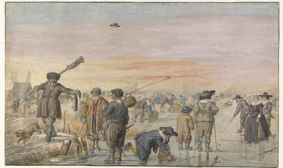 Vinterscene på isen, med en jæger, der viser en odder af Hendrick Avercamp