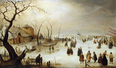 Vinterlandskab med figurer og telte på isen af Hendrick Avercamp
