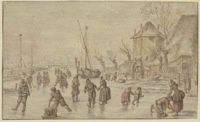 Vinterlandskab, mange skøjteløbere på isen; til højre hjælper en mand en kvinde med at spænde skøjterne fast af Hendrick Avercamp