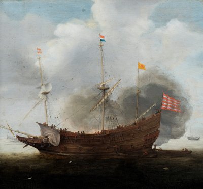 Et krigsskib (olie på panel) af Hendrick Cornelisz Vroom