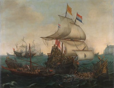 Hollandske skibe rammer spanske galejer ud for den engelske kyst af Hendrick Cornelisz Vroom