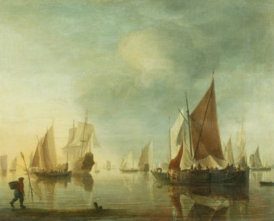 Forsendelse for anker offshore i et roligt hav; aftenlys, ca. 1650-60 (olie på panel) af Hendrick Dubbels