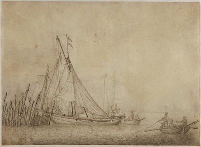 Skibe ved en fiskedam med en by i baggrunden af Hendrick Dubbels