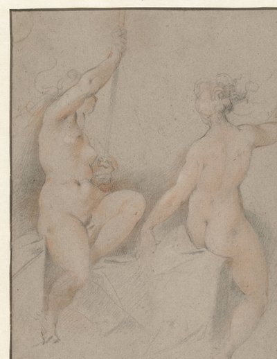 To siddende kvindelige nøgenbilleder af Hendrick Goltzius (follower of)
