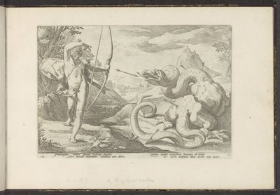 Apollo dræber den gigantiske slange Python Ovids metamorfoser (serietitel) Genskabelser af P. Ovidius Naso (serietitel) af Hendrick Goltzius (workshop of)
