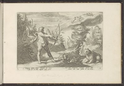 Arcas retter sin pil mod Callisto Ovids metamorfoser (serietitel) Genskabelser af P. Ovidius Naso (serietitel) af Hendrick Goltzius (workshop of)