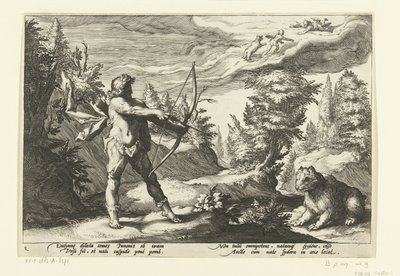 Arcas retter sin pil mod Callisto Ovids metamorfoser (serietitel) af Hendrick Goltzius (workshop of)
