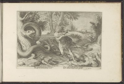 Cadmus dræber dragen Ovids metamorfoser (serietitel) Genskabelser af P. Ovidius Naso (serietitel) af Hendrick Goltzius (workshop of)