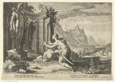 Cadmus spørger oraklet i Delphi, hvad han skal gøre nu, hvor han ikke har været i stand til at finde sin søster Europa Ovids metamorfoser (serietitel) af Hendrick Goltzius (workshop of)