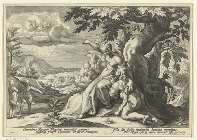 Clymene tildeler Phaethon sin far, solguden Ovids metamorfoser (serietitel) af Hendrick Goltzius (workshop of)