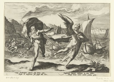 Gesimsen bliver til en een kraai Neptun og Coronis Ovids Metamorfosen (serietitel) af Hendrick Goltzius (workshop of)