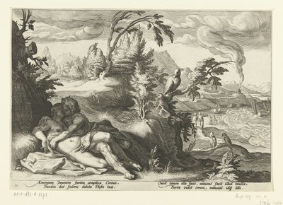 Corvus fanger pigen Coronis Ovids metamorfoser (serietitel) af Hendrick Goltzius (workshop of)