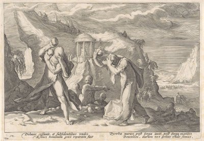 Deucalion og Pyrrha skaber en ny menneskerace Metamorphoses of Ovid (serietitel) af Hendrick Goltzius (workshop of)
