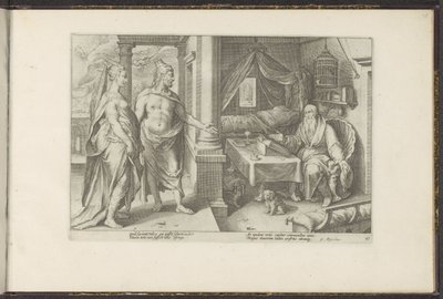 Juno og Jupiter spørger Tiresias til råds Ovids metamorfoser (serietitel) Genskabelser af P. Ovidius Naso (serietitel) af Hendrick Goltzius (workshop of)