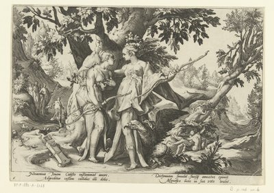 Jupiter forfører Callisto i skikkelse af Diana Ovids metamorfoser (serietitel) af Hendrick Goltzius (workshop of)