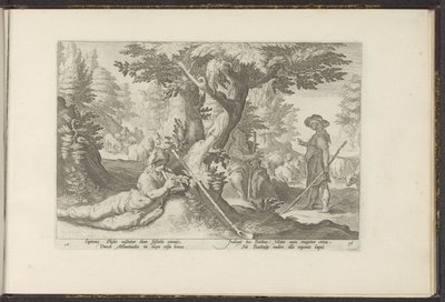 Mercury en Battus Ovids Metamorfosen (serietitel) Herscheppingen van P. Ovidius Naso (serietitel) af Hendrick Goltzius (workshop of)