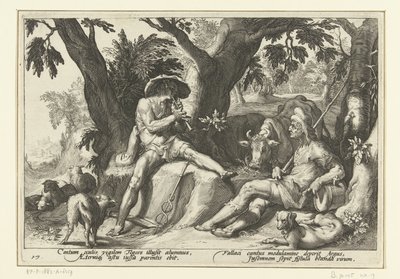 Mercury spiller fløjte for Argus Ovids metamorfoser (serietitel) af Hendrick Goltzius (workshop of)