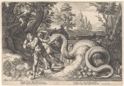 Kadmusens ledsagere fortæret af en drage Metamorphoses of Ovid (serietitel) af Hendrick Goltzius (workshop of)